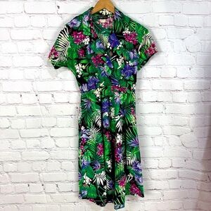 Vintage tropical sundress Pink Green Midi beach cruise 100% cotton vacation